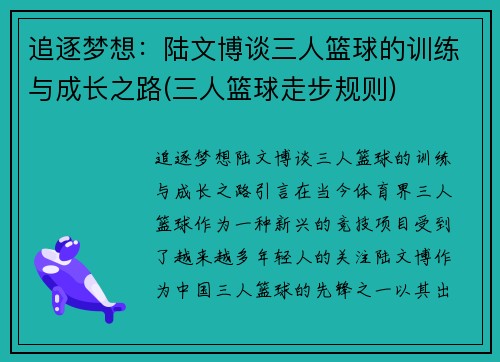 追逐梦想：陆文博谈三人篮球的训练与成长之路(三人篮球走步规则)