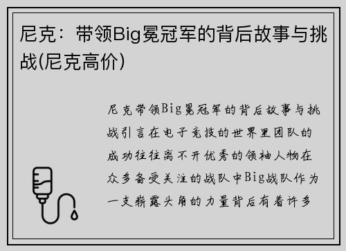 尼克：带领Big冕冠军的背后故事与挑战(尼克高价)