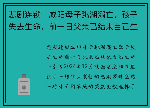 悲剧连锁：咸阳母子跳湖溺亡，孩子失去生命，前一日父亲已结束自己生命