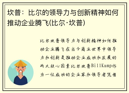 坎普：比尔的领导力与创新精神如何推动企业腾飞(比尔·坎普)