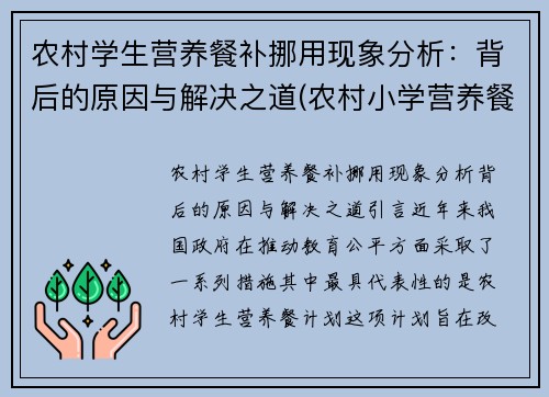 农村学生营养餐补挪用现象分析：背后的原因与解决之道(农村小学营养餐补助)